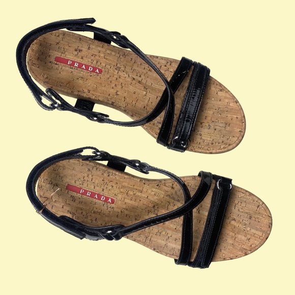Prada Black Patent Leather Cork Sandals - Picture 2 of 9